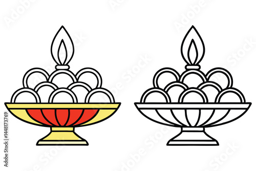 Two decorative bowls, one with color fill, overflow with sweets beneath a flame outline against white