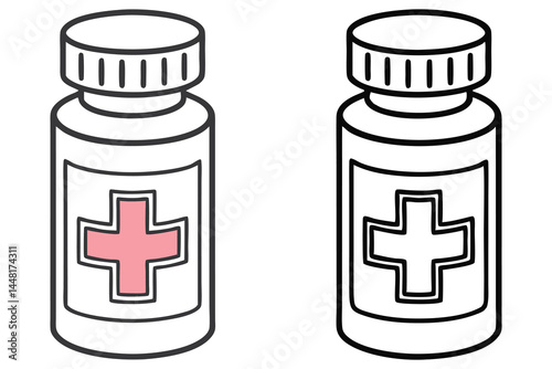 Two medicine bottles displaying a plus symbol, one featuring pink color, on a white background