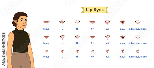 Woman Character Lip Sync Sheet – Mouth Expressions for Animation. Human mouth set. Female lip sync collection for animation and sound pronunciation. Character face elements. Cartoon Mouth Animation.