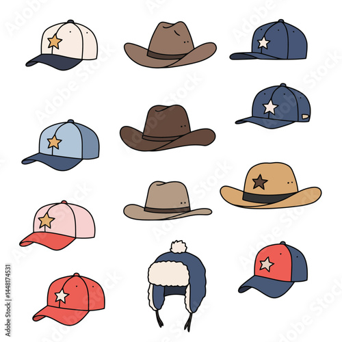 An assortment of illustrated caps and hats in various colors and styles, arranged neatly.

