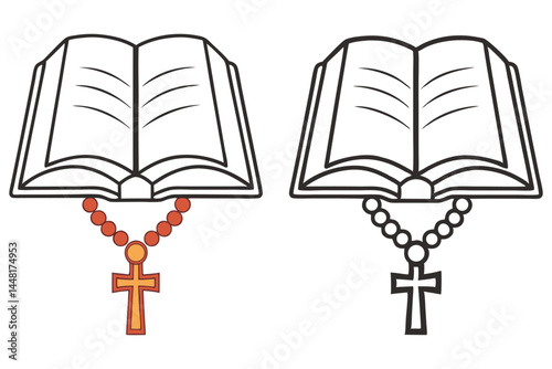Open book and rosary beads with cross in color and black on transparent background