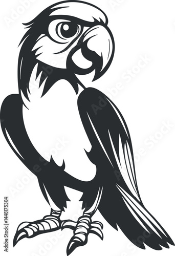 Black and white vector illustration of a parrot bird with detailed feathers and claws