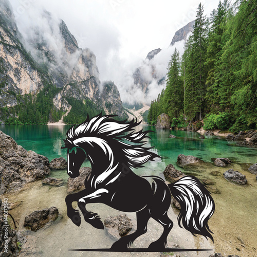 A wild, black and white striped zebra, a mammal related to the horse, boldly crosses a grassy river in its natural safari habitat