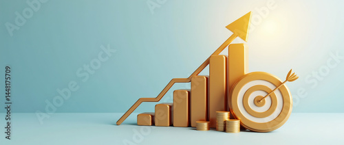 Golden Business Growth Chart with Target in Teal Background
