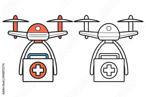 A medic drone carries a kit with a cross, showcasing two color variations on white
