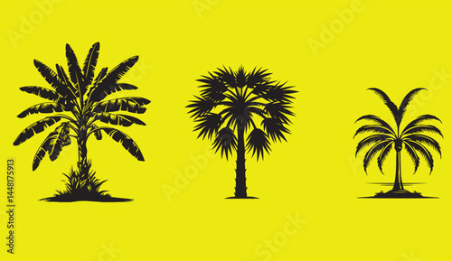 Tropical beach sunset silhouette vector illustration showcases a solitary palm tree against a vibrant sky