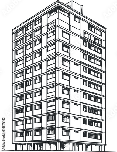 Black and white line drawing of a modern highrise apartment building with multiple windows and floors.