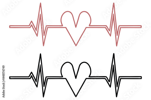 Two heartbeat pulse lines with heart shape rhythm displayed on a white transparent background