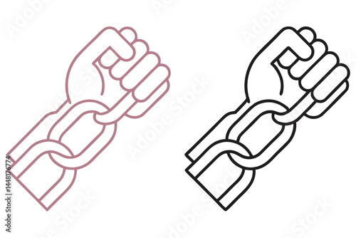 Fists restrained by chains symbolize themes of captivity and liberation through simplified icons