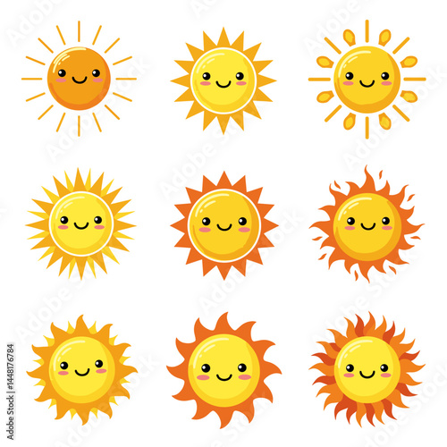 Cute Sun Illustrations Set: Delightful and cheerful set of nine cartoon sun illustrations in various styles, with happy faces and bright colors, perfect for adding warmth and sunshine to your designs.