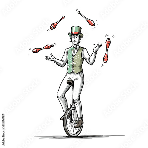 Juggler on Unicycle Performance: A skillful juggler, balances atop a unicycle, captivating the audience with a mesmerizing display of agility, control, and the vibrant dance of props in mid-air.