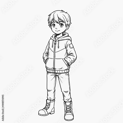 Adorable Kid in Casual Wear: A charming illustration of a young child, rendered in monochrome, wearing a cozy jacket, standing casually with hands in pockets, inviting to evoke the innocence of youth.