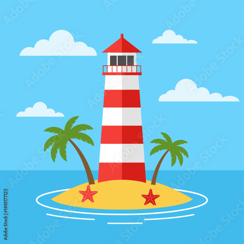 Island Beacon: A vibrant illustration showcases a lighthouse on a tropical island, its red and white stripes boldly contrasting against the blue sky and sea, evoking a sense of adventure and serenity.