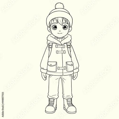 Winter Wonderland Kid's Line Art: A charming illustration of a young boy bundled up in winter attire, ready for snowy adventures, embodying the essence of youthful glee.