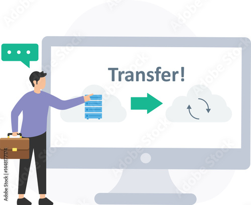 A businessman transferring important data to cloud storage using his computer, ensuring secure and easy access to files from anywhere. The cloud storage platform acts as a digital vault, offering