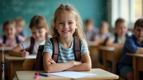 Elementary Student with Backpack in Classroom Setting