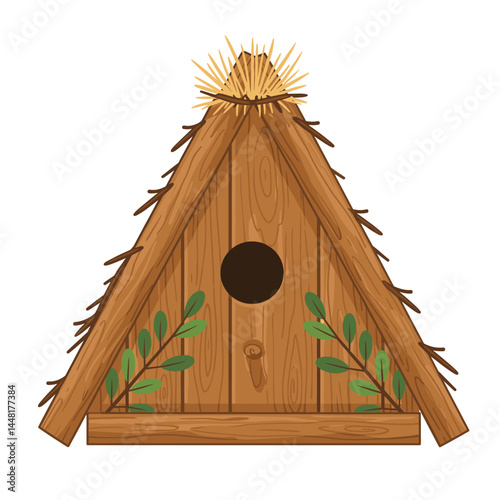 Rustic Birdhouse: Charming wooden birdhouse with a thatched roof, adorned with green leaves, offering a welcoming haven for feathered friends.