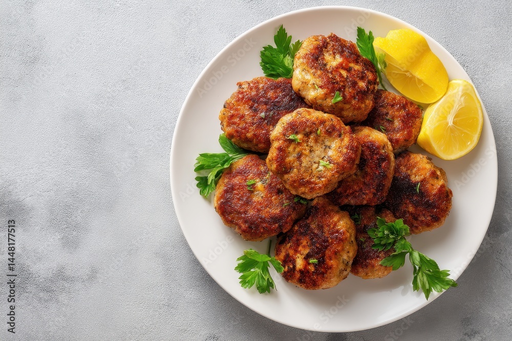 Succulent meat patties on a white dish atop a light gray table viewed from above Succulent meat patties on a white dish atop a light gray table viewed from above