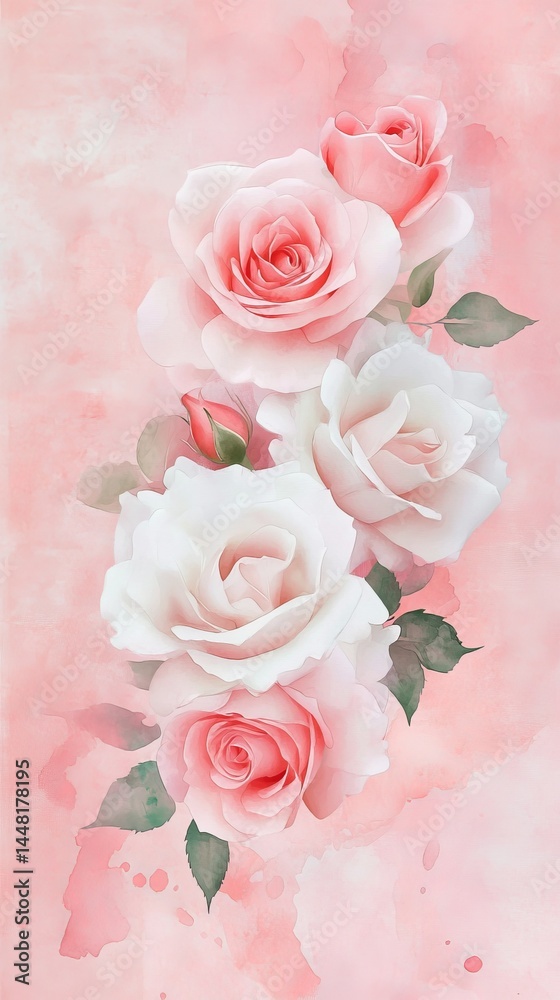 Fototapeta premium Watercolor Art Border with Vibrant Pink Fame! Roses