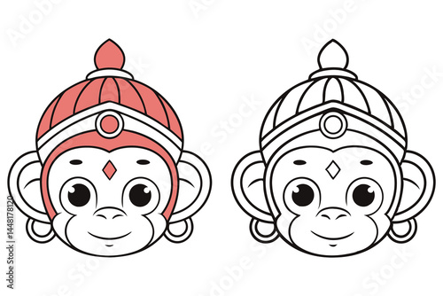 Photography Two cheerful monkey faces feature traditional headdresses and cartoonish black o
