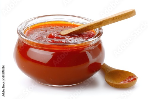 Sweet and sour sauce on a white backdrop with a cutout