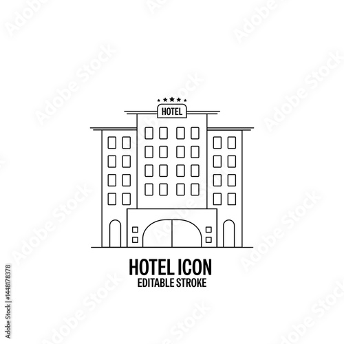 Hotel Line Style Vector Icon Black with White Background Flat Design Illustration
