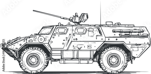 Side view of a detailed black and white armored military vehicle with mounted cannon for combat and defense