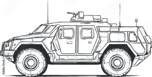Side view illustration of an armored military vehicle equipped with weaponry and designed for combat transport