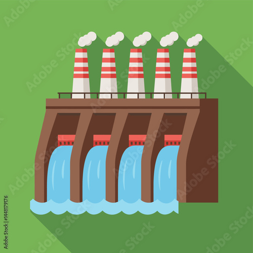Harnessing Nature's Power: A vibrant illustration showcases a hydroelectric dam, where cascading water fuels the generation of clean energy, set against a verdant backdrop.