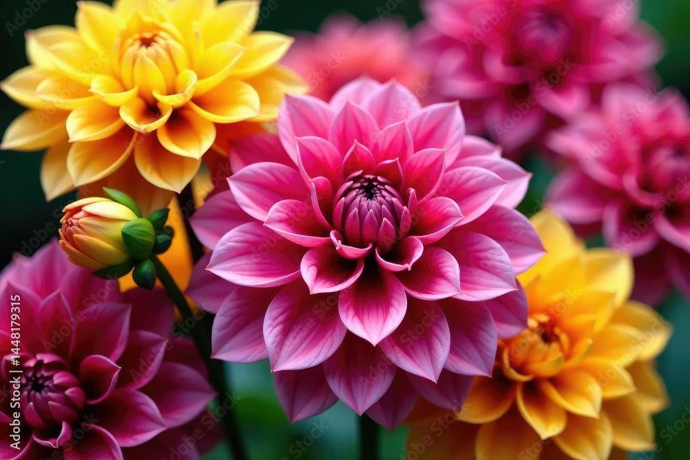 Intricate dahlia blooms, vibrant colors, close-up view, elegant, refined Intricate dahlia blooms, vibrant colors, close-up view, elegant, refined
