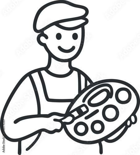 Line drawing of a smiling male artist holding a paint palette and brush, wearing a cap and overalls