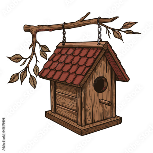 Rustic Birdhouse Charm:  A hand-drawn illustration of a charming wooden birdhouse with a red tiled roof, hanging from a sturdy branch, evokes a sense of tranquility and natural beauty.