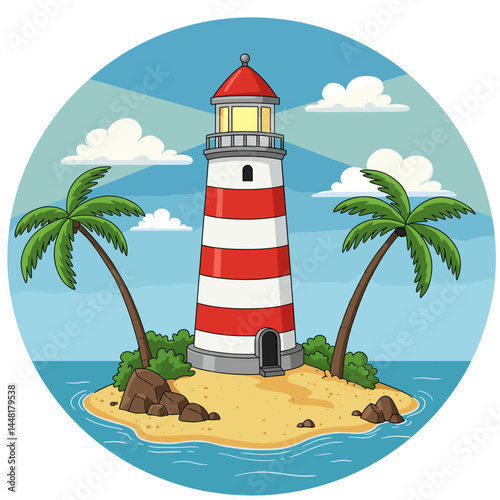 Coastal Beacon: The towering red and white lighthouse stands proudly amidst a serene seascape, surrounded by the gentle embrace of palm trees and a clear blue sky.