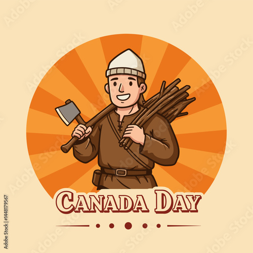Canada Day Lumberjack Illustration: A cheerful cartoon lumberjack, carrying firewood and an axe, celebrates Canada Day against a sunburst background.