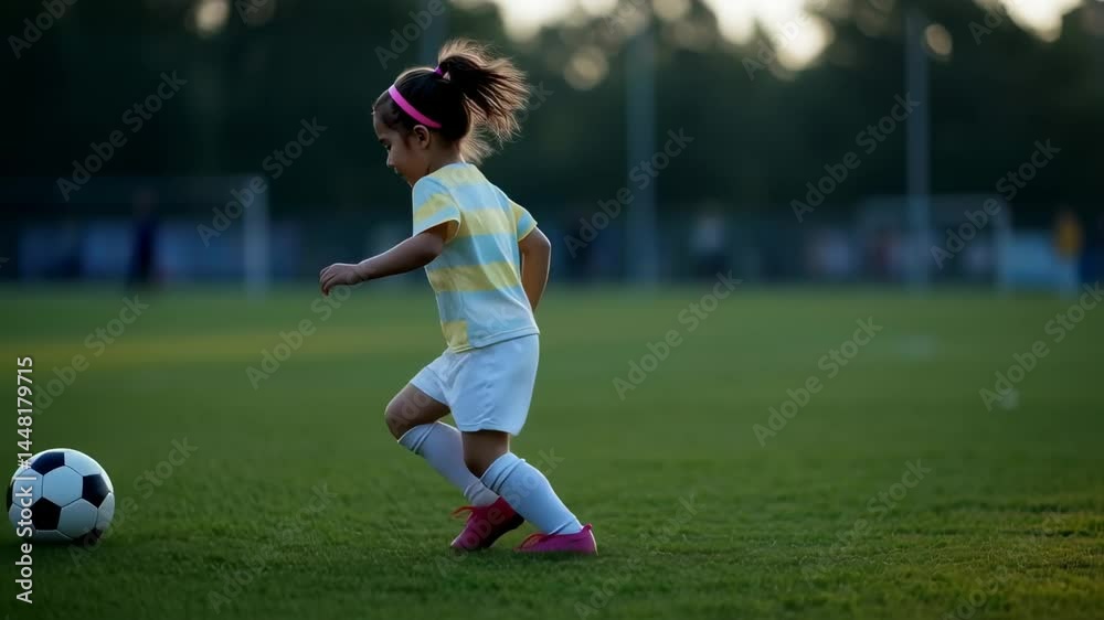 Girl Playing Soccer and Running with the Ball on Green Grass Field