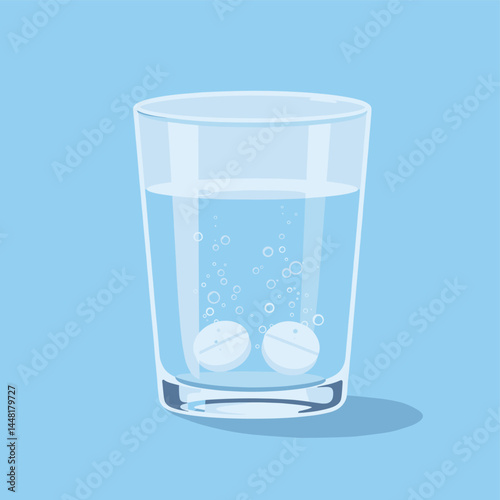 Two Tablets Dissolving in Water: This illustration depicts two effervescent tablets dissolving in a glass of water, producing bubbles and fizzing.