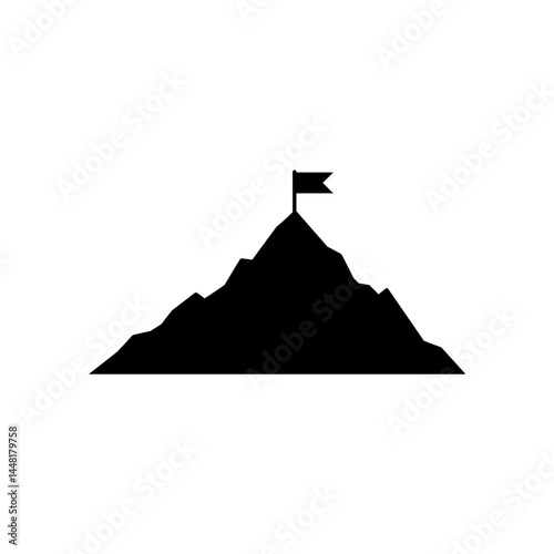 Conquering the Summit: A minimalist black and white illustration of a mountain peak, with a flag at the summit. Representing ambition and reaching goals. 