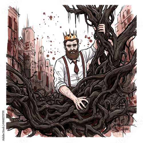 King of the Concrete Jungle: A powerful and unsettling illustration depicts a king trapped within the concrete jungle, his crown a symbol of power amidst decay.
