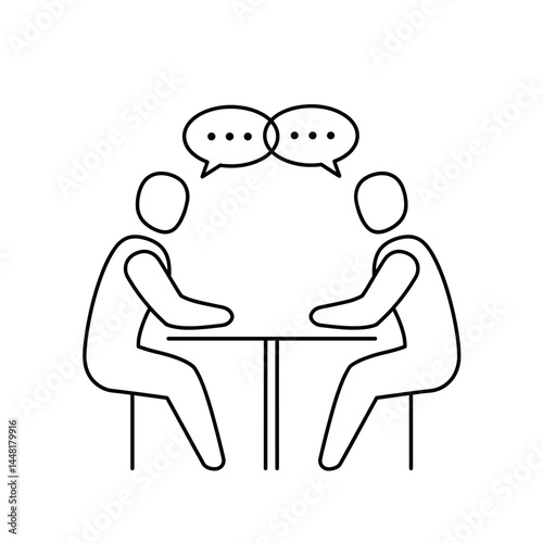 Conversation Icon: minimalist monochrome line art depicting two figures seated at a table, engaged in a dialog, speech bubbles, ideal for concepts such as communication, discussion, or teamwork.