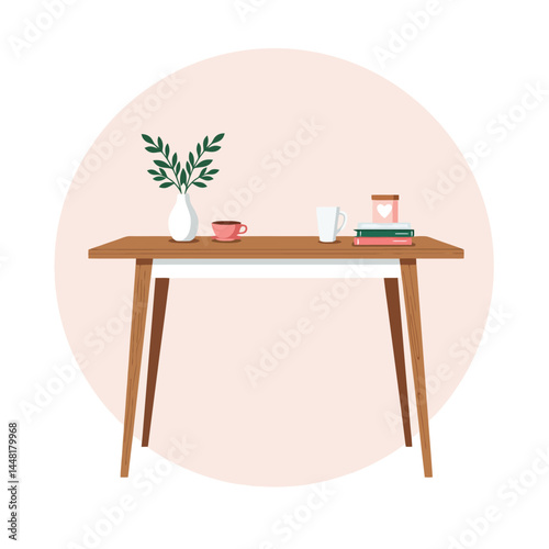 Illustration showcasing various wooden tables featuring potted plants and decorative elements in a modern style. Ideal for interior design, furniture catalogs, or home decor themes.

