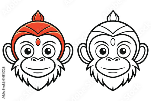 Cartoon monkey face shows symmetrical comparison between a colored version and line art