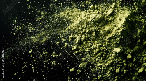Matcha and acai powder particles scattered in artistic explosion, top-down on black