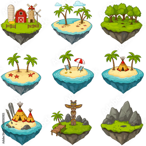 World of Island Illustration: A vibrant and imaginative illustration presenting nine distinct island scenes, each showcasing unique landscapes and features.