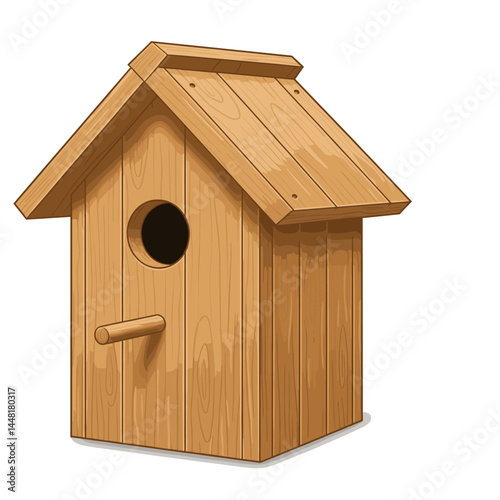 Cozy Wooden Haven: A meticulously crafted birdhouse, constructed from warm wooden planks, beckons small feathered friends. Featuring a welcoming entrance and a perch.