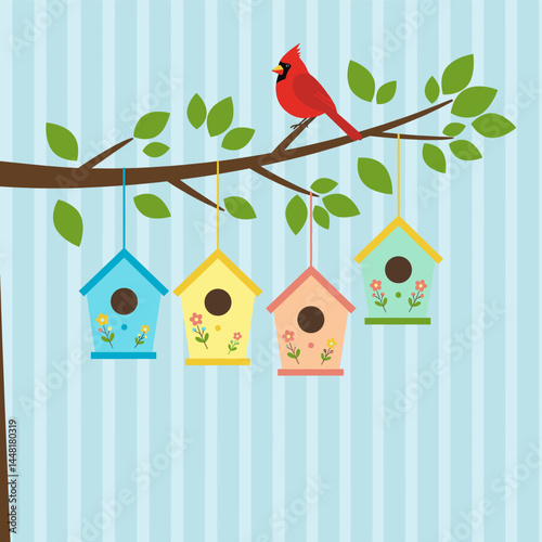 Springtime Serenade: A vibrant illustration of a red cardinal perching on a leafy branch above a row of colorful birdhouses, each adorned with delicate flowers.