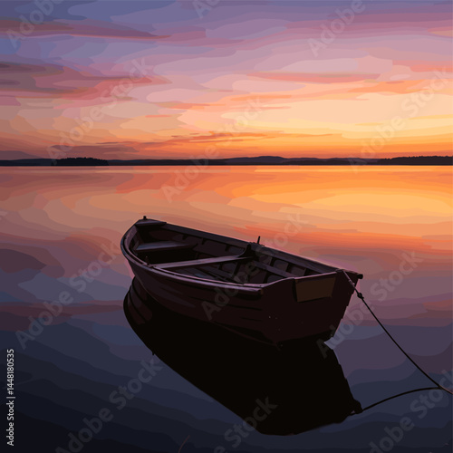Tranquil Sunset Boat: A solitary boat gently floats on a serene lake, its silhouette mirrored by the vibrant colors of a breathtaking sunset, evoking feelings of peace and solitude.