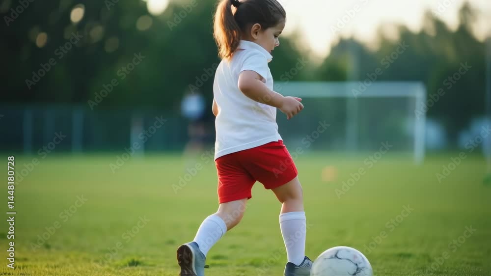 Girl Playing Soccer and Running with the Ball on Green Grass Field