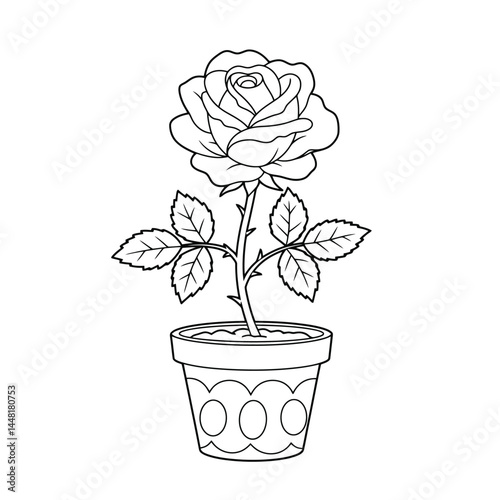 Simple black-and-white outline of a rose flower planted in a decorative pot, ideal for coloring illustrations, educational materials, or creative expression projects focusing on nature and plant-theme