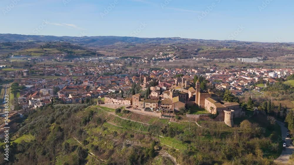 Aerial drone video of the old town named Certaldo in Tuscany, Italy.