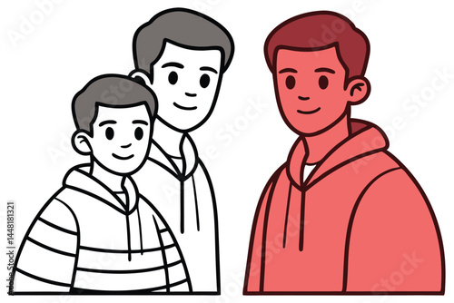 Two monochrome men observe a man in brick red hoodie, presented over transparent background